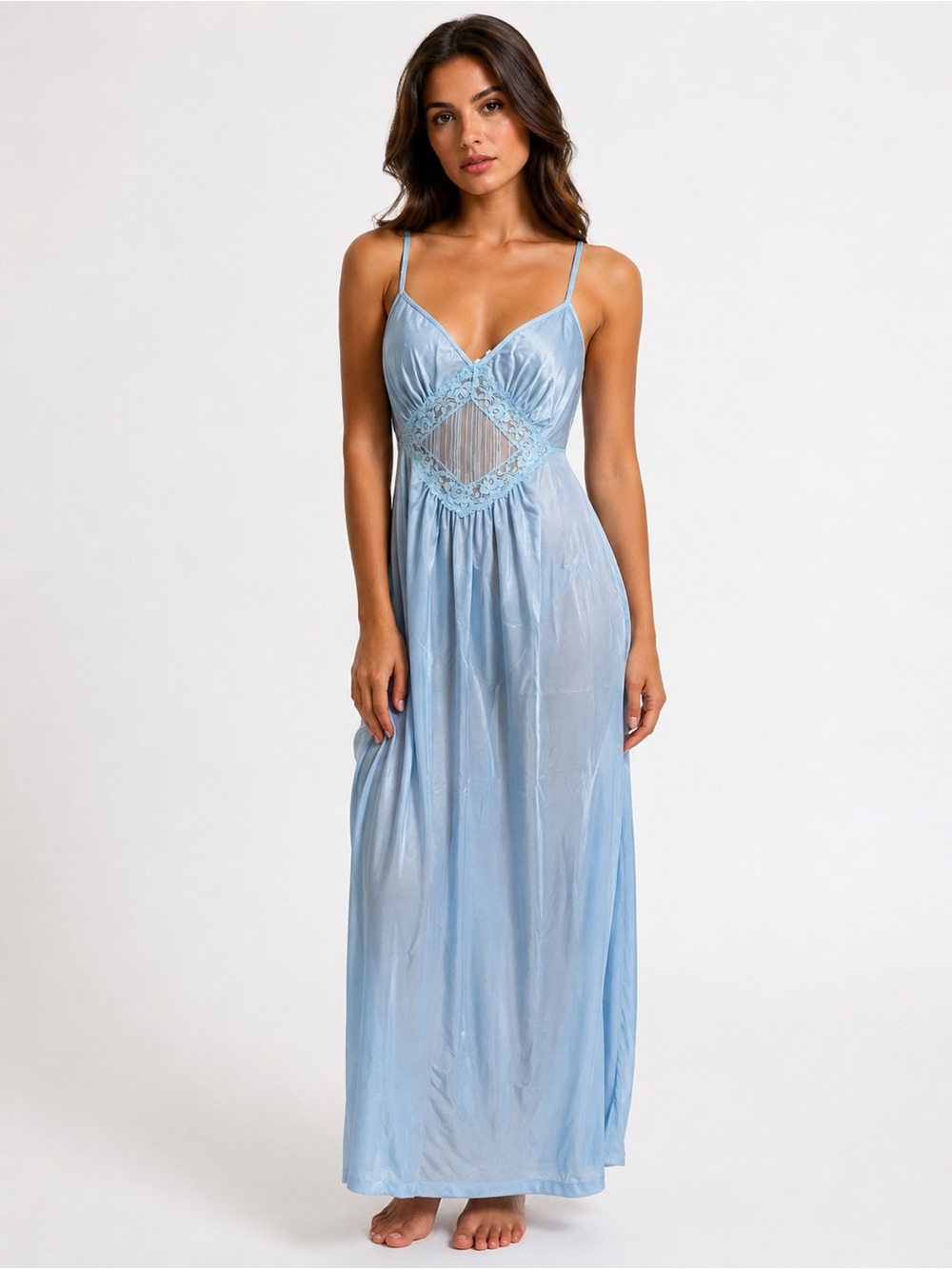 Vintage Ice Blue Sheer Maxi Slip Dress Lace Romantic Feminine Fairycore Y2K Boho